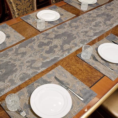 Loom and Mill Luxury Jacquard Damask Placemats Double Layer, Set of 4, Gray - color: Gray + Beige-brown(pattern), size: 4 Pieces