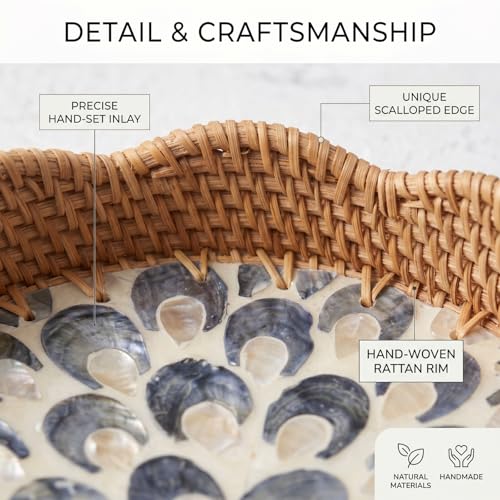 12 Inch Round Rattan Tray Mother of Pearl Inlay, Feather Style - style: Feather Style