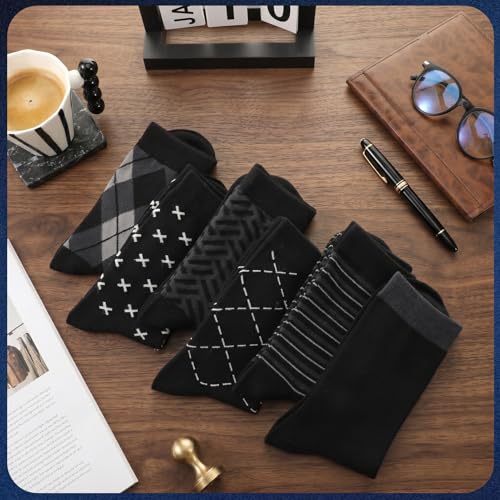6 Pairs Mens Dress Socks, Men Business Cotton Crew Socks - color: Black