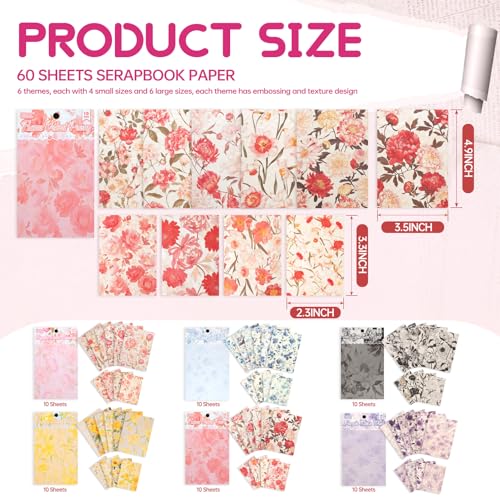 60 Pcs Scrapbook Supplies Kit Textured Paper, 6 Themes Vintage Craft Paper Kit，Relief Designs Decorative Paper，for Junk Journal Supplies，DIY Collage，Decoupage Card Making Supplies，Collage Background - color: C