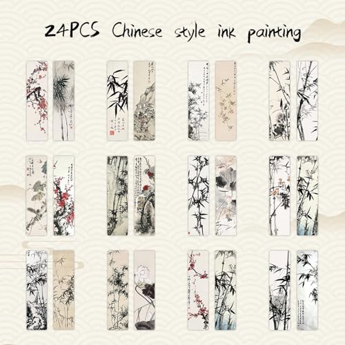 24PCS Unique Chinese Ink Painting Bookmarks, Traditional Oriental Art
