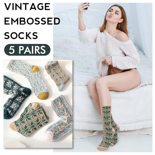 5/6 Pair Crew Socks for Women Floral Socks - color: Green, Blue, Brown Argyle Floral