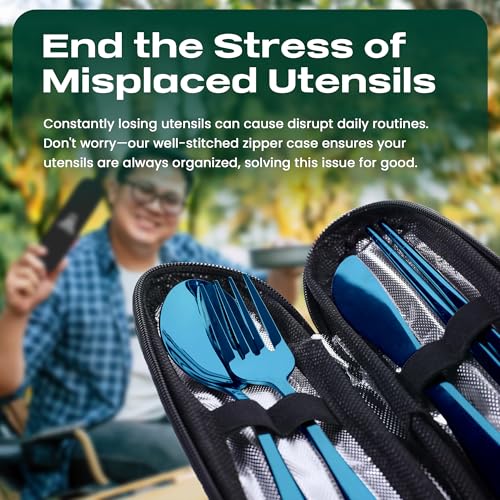 Travel Utensils With Case, 5 Pcs portable silverware set (Blue) - color: Blue, size: 5 Pieces