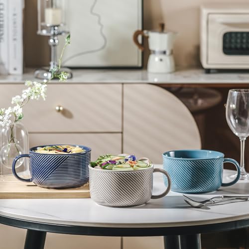 Ceramic Soup Bowl with Handle, 38 oz Microwave Safe, Navy - color: Navy