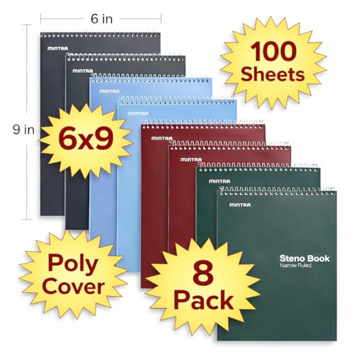 Mintra Office Steno Books Set - Top-Spiral Bound, Narrow Ruled, 100 White Tint Sheets, Poly Covered Notebooks for Office & School, Colorful Arctic Ice, Green Olive, Charcoal, Chili Oil, 6"x9", 8 Pack - color: Poly Steno 8pk (Arctic Ice, Green Olive, Charc