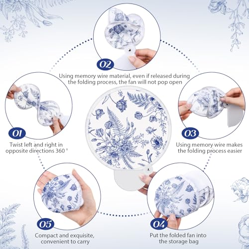 Roowest 10 Pcs Blue Chinoiserie Floral Folding Hand Fans with Bag Handle