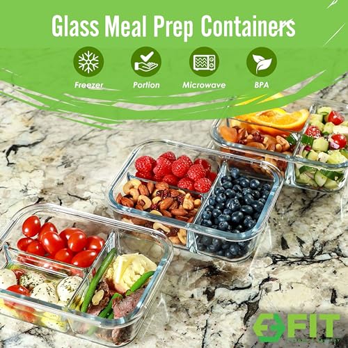 Glass Meal Prep Containers 3 Compartment, 3 Pack 32 oz Leakproof Lids Blue - color: Blue (3 compartment - 3 pack, 32 oz)
