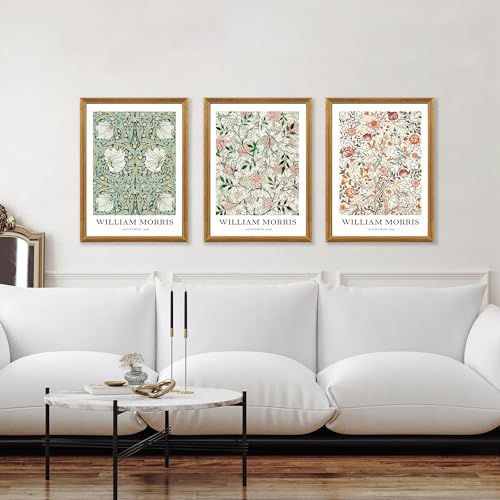 FWAHREN William Morris Framed Canvas Wall Art Set, 3 Piece Vintage Botanical Floral Pattern Pictures Prints Artwork, Large Paintings Wall Decor for Living Room Bedroom Bathroom Office, 12x16in - color: William Morris, size: 16"L x 12"W