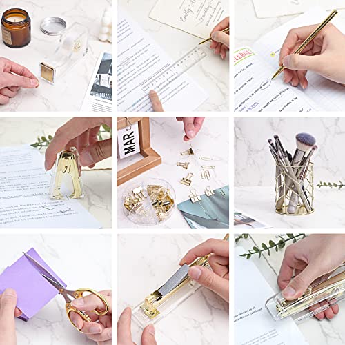 EOOUT Gold Office Supplies Set Desk Accessories, Acrylic Stapler Set Staple Remover, Phone Holder, Tape Holder, Pen Holder, 2 Ballpoint Pen, Scissor, Binder Clips, Ruler, Transparent Glue and Staples. - color: Gold