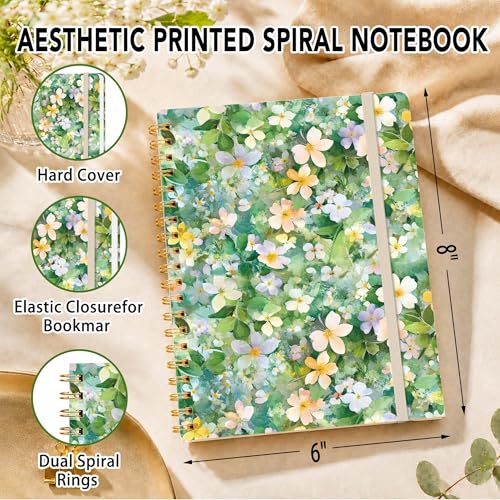 Green Floral Lined Spiral Notebook, Pretty Hardcover Journal 6'' x 8.4'', Watercolor Notebook for Women, Work, Writing, Journaling Gift - color: floral-03