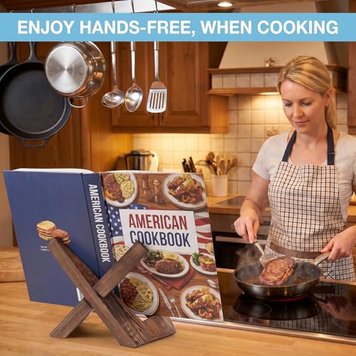 Wooden Cookbook Stand for Kitchen Counter, Rustic Farmhouse Decor, Hands‑Free Reading Holder, Cookbook Holder & Recipe Book Stand, Perfect for Home Cooks, Students & Music Lovers (Brown)