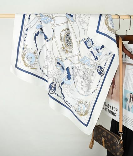 corciova Women’s Square Scarf 27.5 in (70 x 70 cm), Satin-Feel Polyester, Lightweight Fashion Scarf for Hair, Neck and Bag - color: Anchor & Sailboat (White / Navy Blue / Gold)