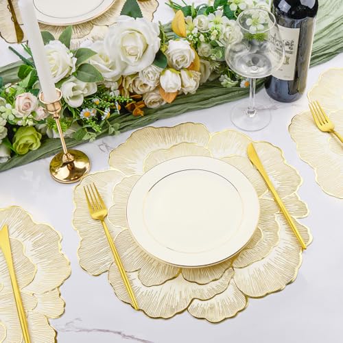 Floral Round Placemats Set of 6 Gold Vinyl Table Mats 15 Inch Reusable - color: Floral Gold