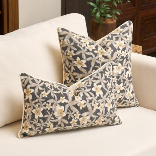 Aeckself Neutral Floral Pillow Cover 12 x 20 Inch, Vintage Chenille Rectangle Throw Pillow Cover Soft Home Decorative Farmhouse Accent Couch Pillow Cover for Living Room Bedroom, Grey - color: Grey, size: 20" x 12" (Pack of 1)