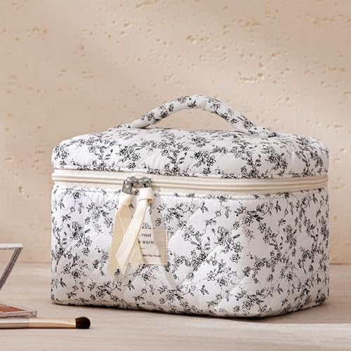 HBselect Quilted Makeup Bag, 3Pcs Cotton Large Travel Makeup Bags Organizer - color: A-3PCS-Floral 39