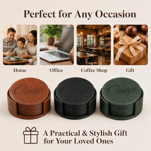 Coasters for Drinks Set of 6 with Holder, 6-Piece Leather Coasters with Embossed Smiley Designs - Durable Drink Coasters Set for Home, Bar, or Office - Green - color: Green