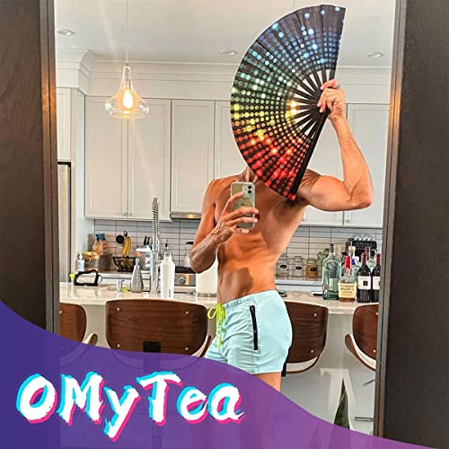 OMyTea Large Rave Clack Popping Fan for Line Dancing - Boots on The Ground Folding Hand Fan - for EDM, Music Festival, Hot Flashes, Party, Decoration (Disco Lights Dots) - color: Disco Lights Dots