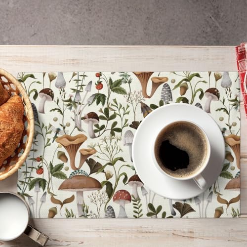 Boho Beige Wild Mushroom Print Placemats Set of 4 12x18 Inch - color: Beige, size: Set of 4