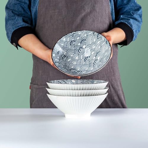 38 oz Japanese Ramen Bowls Set of 6, Large Pho Bowls, 8 Inch Ceramic Blue and White Soup Bowls, Wave Pattern - color: Wave Pattern