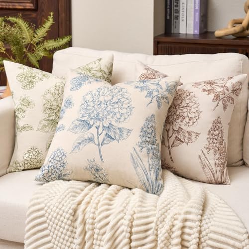 Kevin Textile Hydrangea Floral Pillow Covers Set of 2 18x18 Inch, Brown - color: Brown