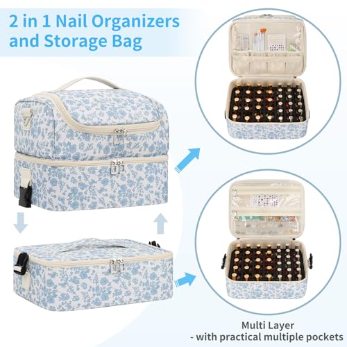 Extra Large Nail Polish Organizer - Three Layer Nail Organizers And Storage Bag, Portable Nail Supplies Organizer Case, Nail Tech Kit Travel Carrying Box with Shoulder Strap (Floral Blue, 86 Slots) - color: Floral Blue, size: 86 Slots
