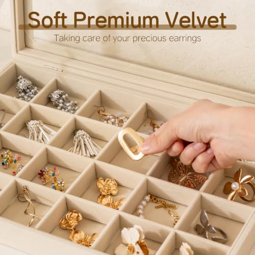 Frebeauty 24 Grid Earring Organizer,Velvet Jewelry Tray with Clear Lid - color: Beige, size: 24 Grid