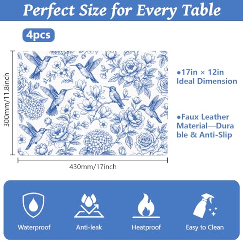 Peacoblue Placemats Set of 4,Faux Leather Blue Bird and Flowers Design - style: Blue Bird and Flowers