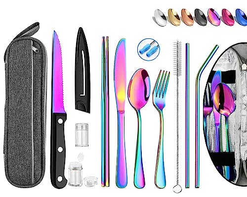 Portable Reusable Travel Utensils Silverware With Case, Camping Cutlery Set, Chopsticks and Straw, Flatware With Case, Stainless Steel Rainbow Top - color: Rainbow A
