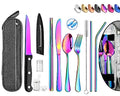 Portable Reusable Travel Utensils Silverware With Case, Camping Cutlery Set, Chopsticks and Straw, Flatware With Case, Stainless Steel Rainbow Top - color: Rainbow A