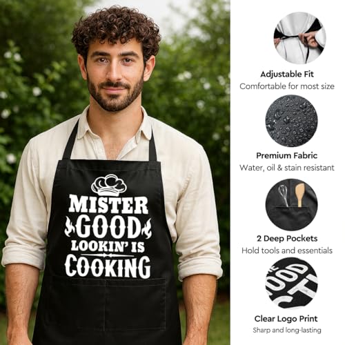 Funny Black Grill Apron with Pockets for Man,Dad,Husband,Father in Law,Chef Daddy Grilling Apron BBQ Cooking Gifts - color: Mr Goodlookin' is Cookin
