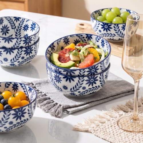 Cereal Bowls Set of 6, 28 Ounces Floral Soup Bowls - color: Blue Floral Mandala