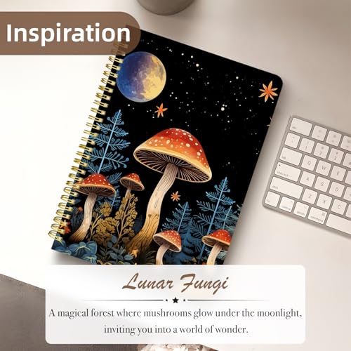 Cute Spiral Notebook Lined Journal B5 Note Book with Pocket, Night - color: Moon Mushroom