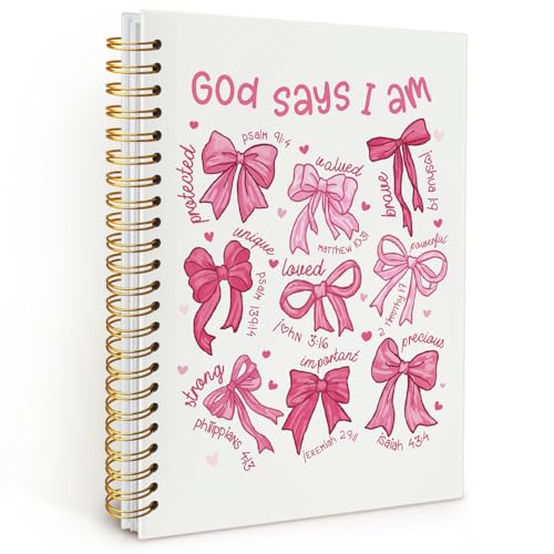 Coquette Pink Bow Notebook Journals, God Says I am Christian Notebook Journal for Women, Bible Notebooks for Note Taking，Coquette Office Supplies Hardcover Spiral Notebook 5.5x8.3 - color: Pink Bow - God says I am
