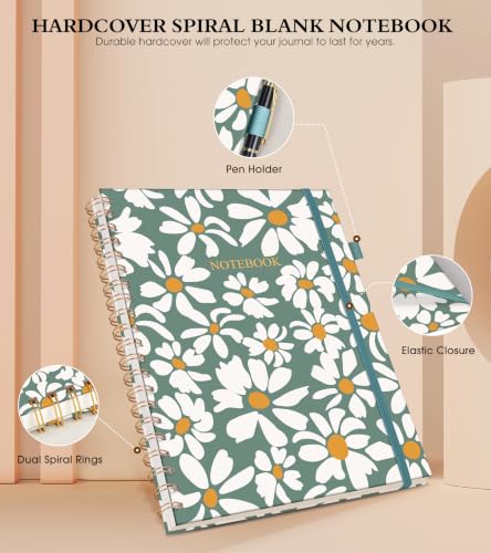 Blank Spiral Notebook Journal 8.5” x 11”, A4 Large Sketch Book for Women Men, 100 GSM Blank Paper Drawing Notebook, Hardcover Spiral Bound Sketchbook for Sketching Work School, Field of Daisies - color: Field of Daisies, size: Plain