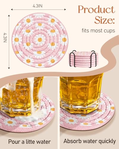 Absorbent Cup Coasters Set of 6 with Holder, Daisy - color: Daisy