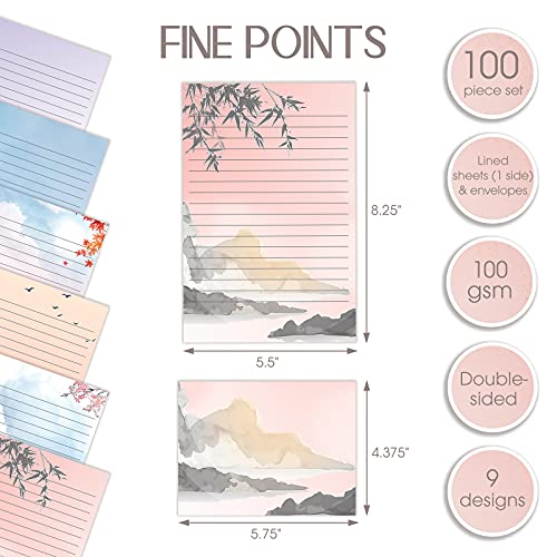 Better Office Products Mini Stationery Set of 100, Japanese Stationery Paper (50 Lined Sheets + 50 Matching Envelopes), 5.5 x 8.25 inch, 9 Designs, Double Sided Printing, One Side Lined Paper,