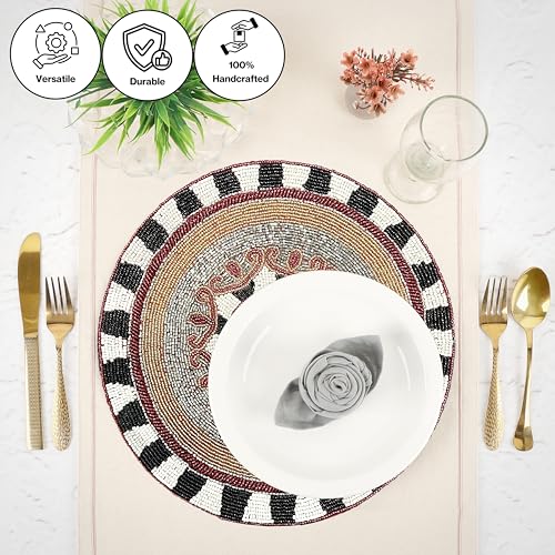 Beaded Placematss for Dining Table, 13 Inches Beaded Placemats for Farmhouse Decor and Kitchen Table Décor, Round Table Mats Set of 1 for Dining Tables, Non-Slip Place mats - ALPHA Living HOME - color: Red Black, size: Set of 1