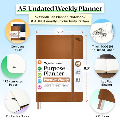 Roterunner Purpose Planner Notebook A5 5.8”x8.3” Undated 2026 Daily Weekly and Monthly Productivity Goal Setting Tool for Work Home ADHD Planner for Adults Self Care Journal (Tan Softcover) - color: Tan, size: A5 Softcover
