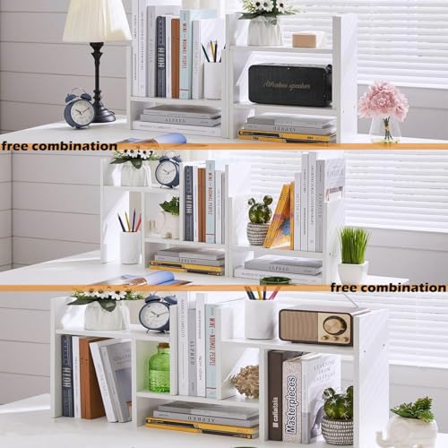 Meikuler Desktop Shelf Organizer, Adjustable Wood Display Desk Shelf, Office Storage Rack Tabletop Bookshelf Multipurpose Shelves for Home Decor, Office, Gifts (Solid White) - color: Solid White