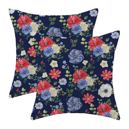 4th of July Floral Pillow Covers 18x18 Pack of 2,Boho Blue Red Flower Throw Pillow Covers Independence Day Floral Decorative Pillowcase Farmhouse Square Cushion Cover for Couch Sofa Outdoor - color: Blue Red Floral-1, size: 18" x 18" (Pack of 2)