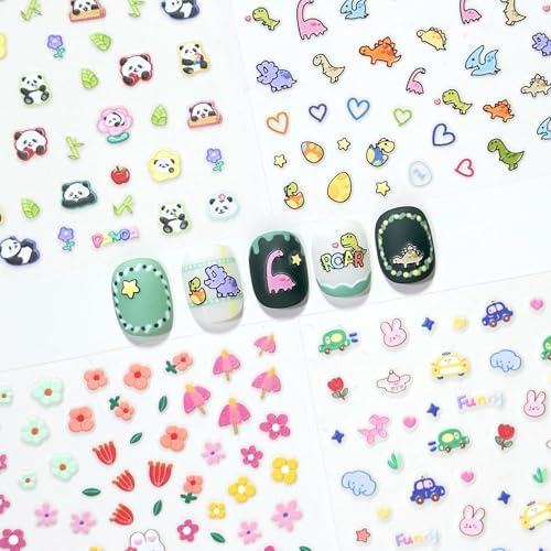Okiyomi Dinosaur Nail Stickers for Kids, 3D Kawaii, 4 Sheets, 292 Decals - color: 5d Dinos
