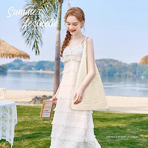 hatisan Crochet Bag for Women, Handmade Knit Beach Tote Bag Summer - color: Beige
