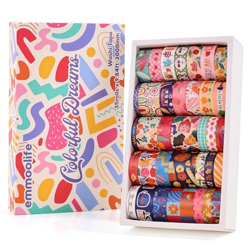 emmoolife 35 Rolls Washi Tape Set, Colorful Cute Floral Writable Decorative Tapes for Scrapbooking and Bullet Journaling, Junk Journal Supplies, DIY Planner Art, 5-30mm Wide 9.84ft Long/Roll - style: Colorful Dream