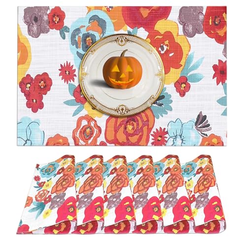 Ruvanti Placemats Set of 6, 100% Cotton Place Mats of 13"x19", Multi Flower - color: Multi Flower