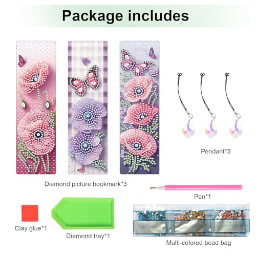 Tontut 3pcs Diamond Art Painting Kit Bookmark, Lotus Flower Exquisite Universal DIY Bookmark, Lightweight and Durable, Suitable for Reading Lovers - color: Lotus Flower