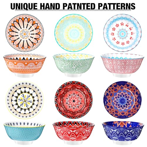 FillTouch 6 Pack 24 oz Ceramic Bowl Set Ceramic Dessert Bowls for Kitchen Serving Dishes Soup Salad Pasta Ramen Cereal Rice Colorful Design Microwave and Dishwasher Safe, 6.25''