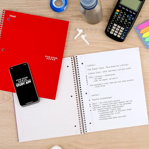 Five Star Spiral Notebook + Study App, 5 Subject, College Ruled Paper, 8-1/2" x 11", 200 Sheets, Fights Ink Bleed, Water Resistant Cover, Fire Red (72077) - color: Red, size: 1 Count (Pack of 1)