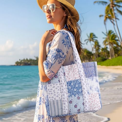 Aliceset Quilted Patchwork Tote Bag for Women Cotton Shoulder Bag Back to School Gift Farmhome Rustic Handbag Commuting Beach - style: Blue Floral