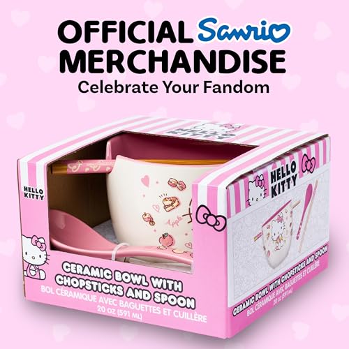Silver Buffalo Sanrio Hello Kitty, Ceramic Ramen Bowl with Chopsticks, 20oz - color: Hello Kitty Apples and Cinnamon, size: 20 Ounces (With Spoon)