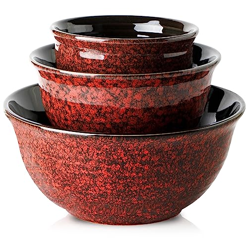 HASENSE Ceramic Mixing Bowls, Large Serving Dishes Set of 3 for Cooking, Baking, Prepping, Porcelain Nesting Bowls for Salads, Fruit, Popcorn, Cereal, 2.1/1.0/0.5 Qt, Dishwasher & Microwave Safe, Red - color: Red, size: 20+40+84 Ounce
